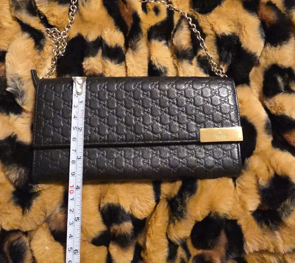 Gucci Black Embossed Leather Chain Wallet with Gold Plaque